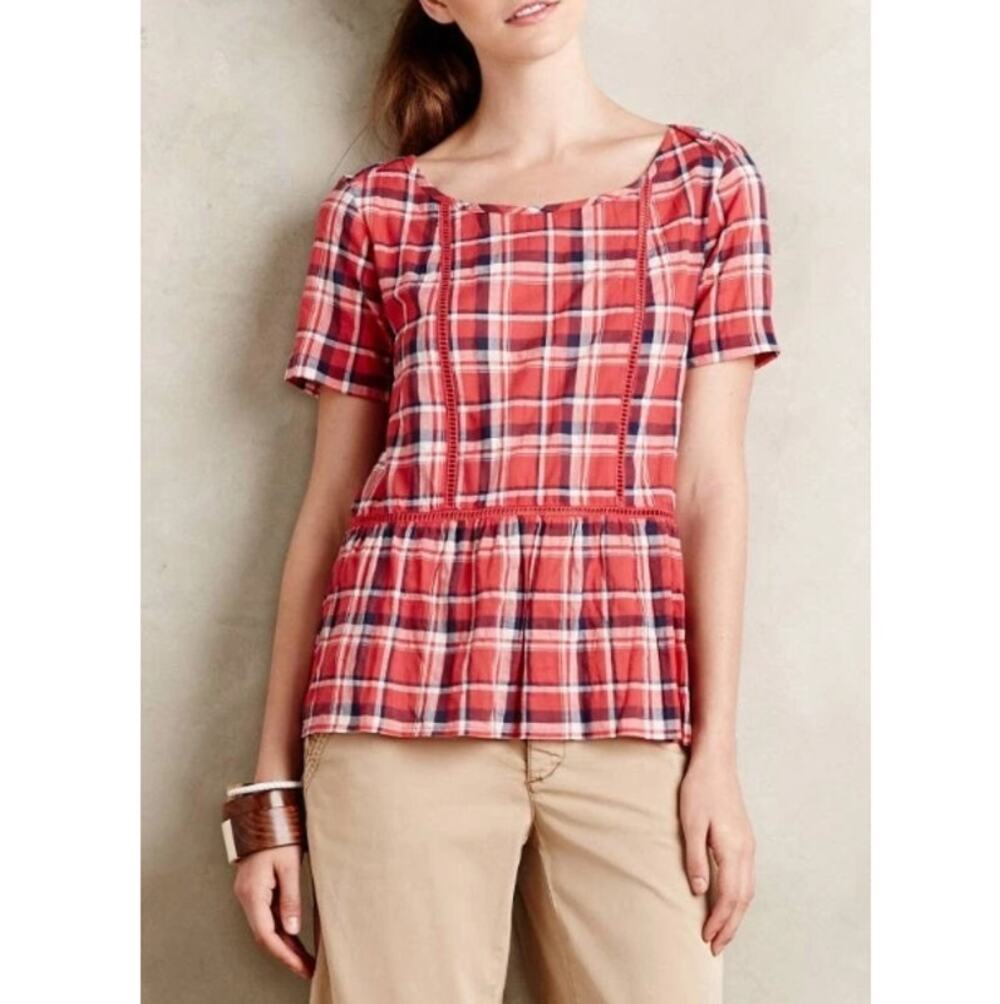 New Maeve Anthropologie "Fallcore" Red Plaid Gingham Peplum Top Size Small